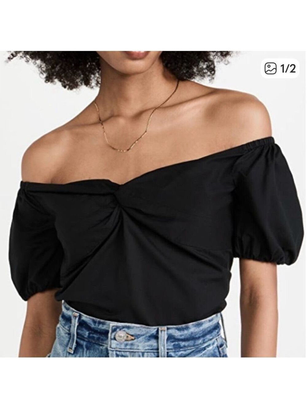 L'AGENCE Black Off-Shoulder Puffy Sleeve Cotton Blend Top